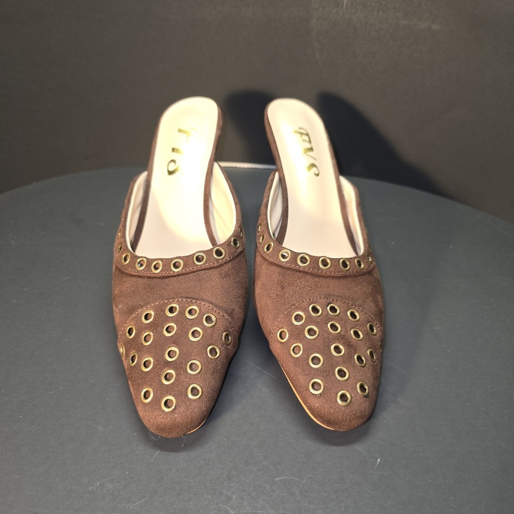 FYS Suede Heeled Mules with Gold Eyelets Pointed Toe Slip‎ On Shoes Size 8.5